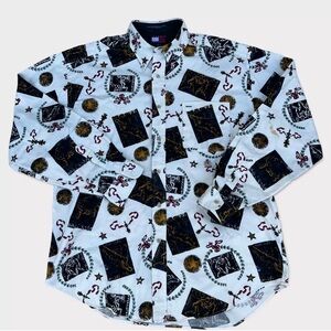 RARE Vintage Tommy Hilfiger Long Sleeve Shirt Olympics Theme All Over Print Sz L